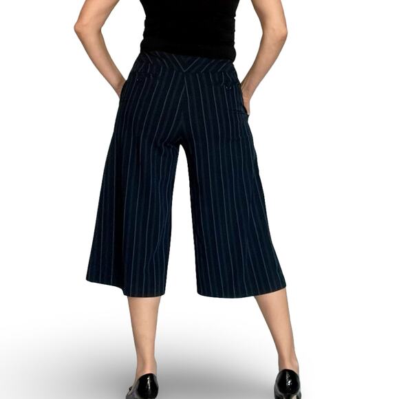 Larry Levine Wide Leg Culotte Pants Navy Pinstripe High Rise Y2K Size 6 - Picture 1 of 15